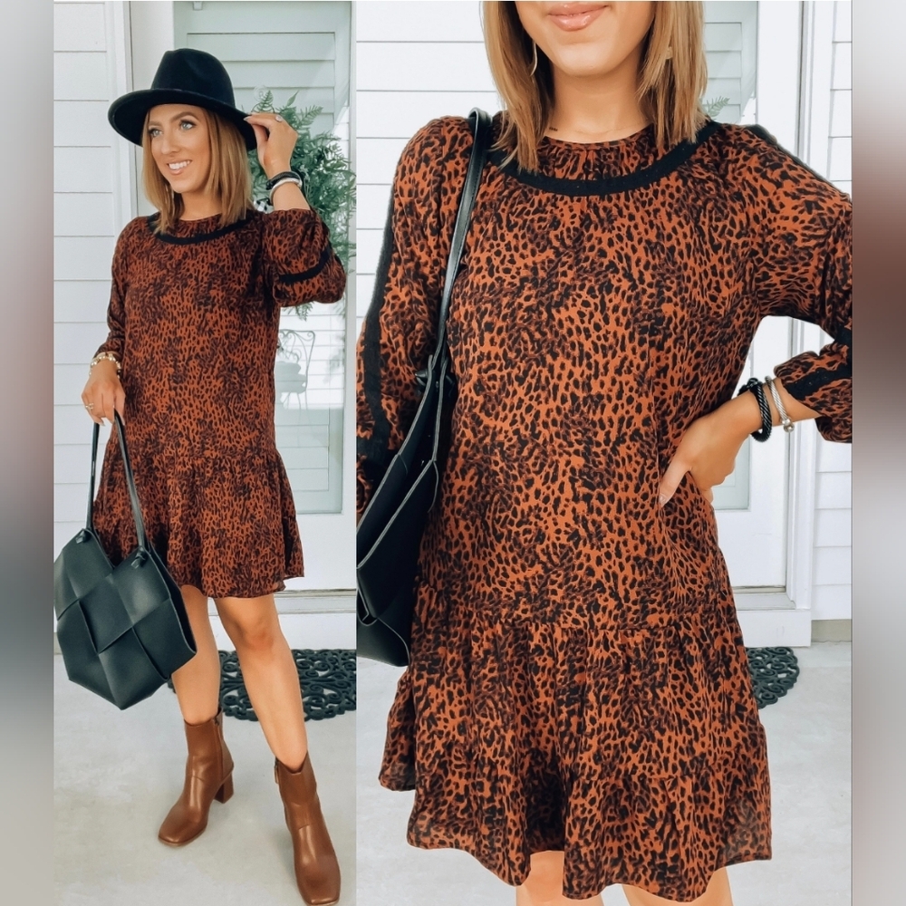 Leopard Babydoll Lace Long Sleeve Blouson Dress NWOT XL